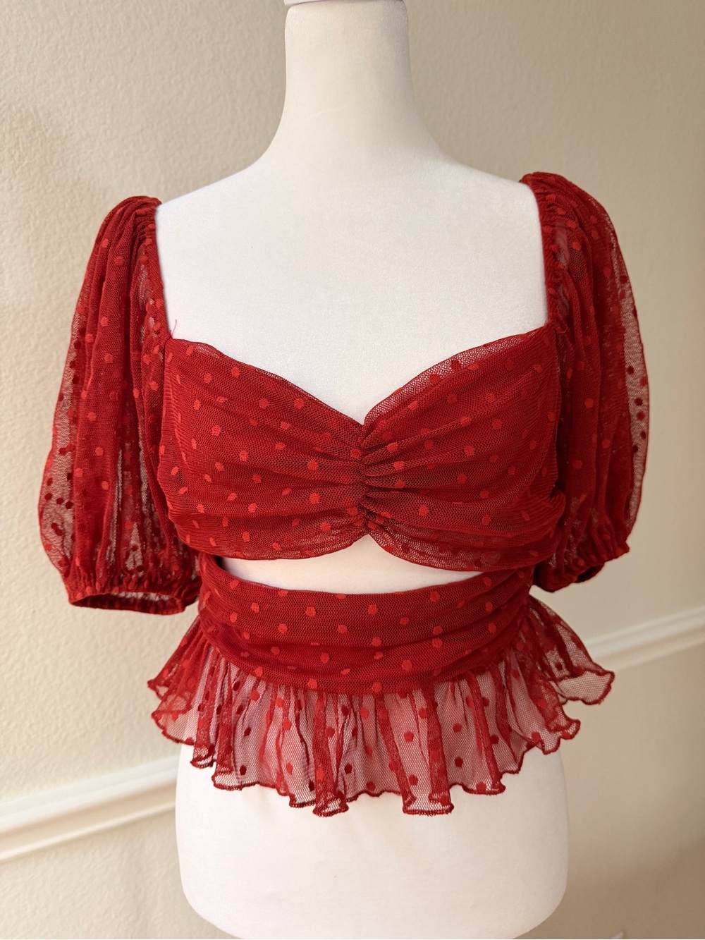 Forever 21 Whimsigoth Red Swiss Dot Mesh Milkmaid Cutout Peplum Cottage Top M